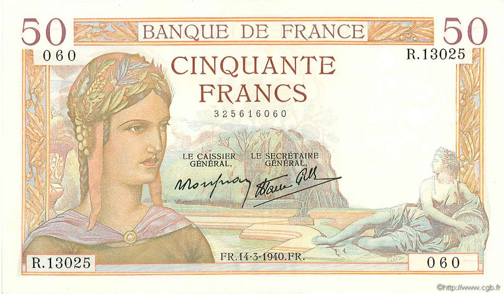 50 Francs CÉRÈS modifié FRANKREICH  1940 F.18.41 fST+