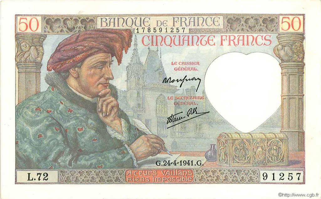 50 Francs JACQUES CŒUR FRANCIA  1941 F.19.09 SC+