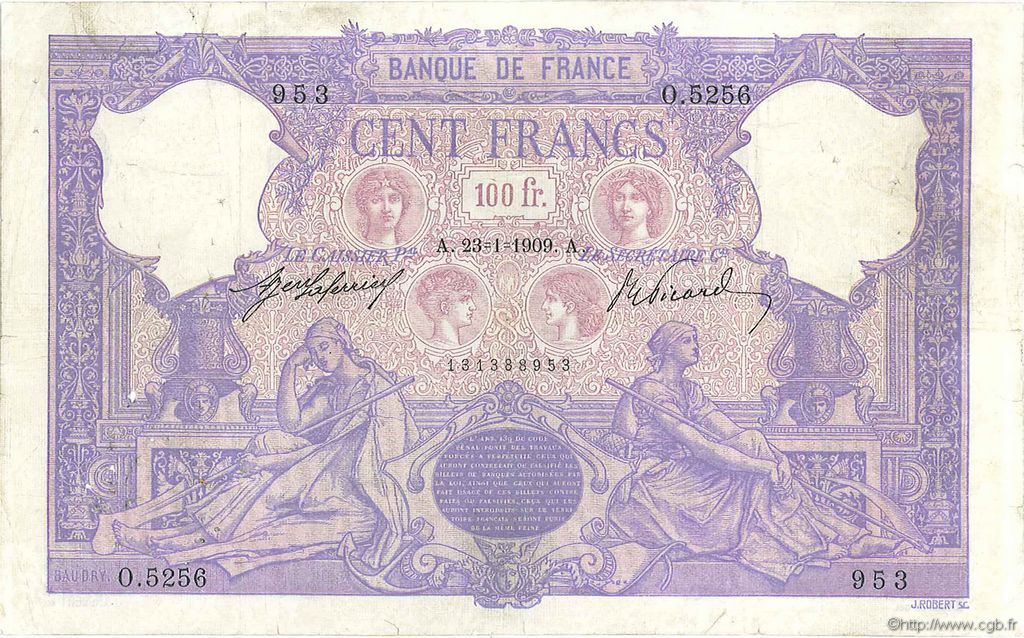 100 Francs BLEU ET ROSE FRANCE  1909 F.21.24 F-