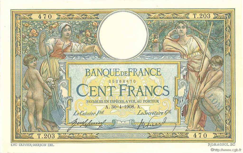 100 Francs LUC OLIVIER MERSON avec LOM FRANKREICH  1908 F.22.01 fVZ to VZ