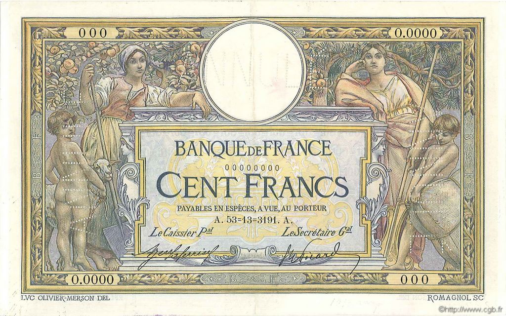 100 Francs LUC OLIVIER MERSON sans LOM FRANCIA  1909 F.23.05Sp SPL