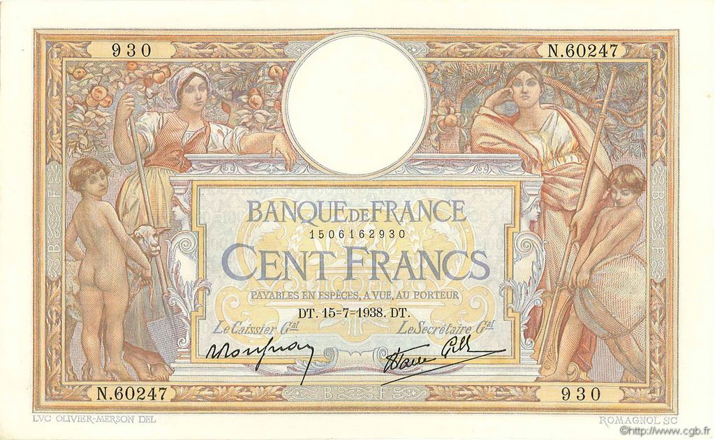 100 Francs LUC OLIVIER MERSON type modifié FRANCIA  1938 F.25.26 q.SPL