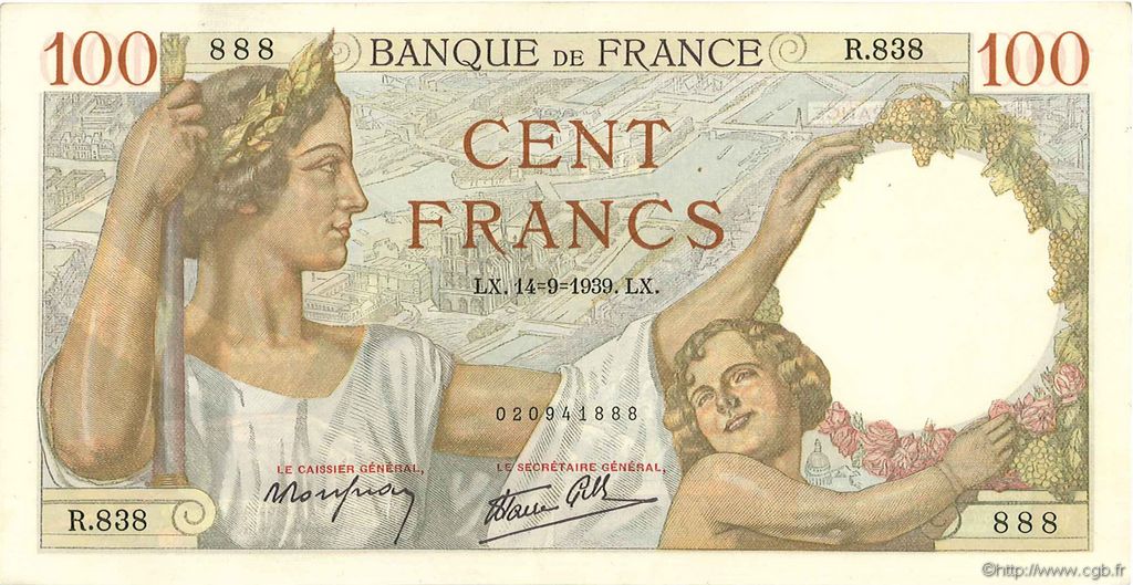 100 Francs SULLY FRANKREICH  1939 F.26.06 fST+