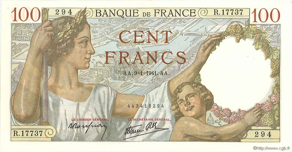 100 Francs SULLY FRANCE  1941 F.26.44 pr.NEUF