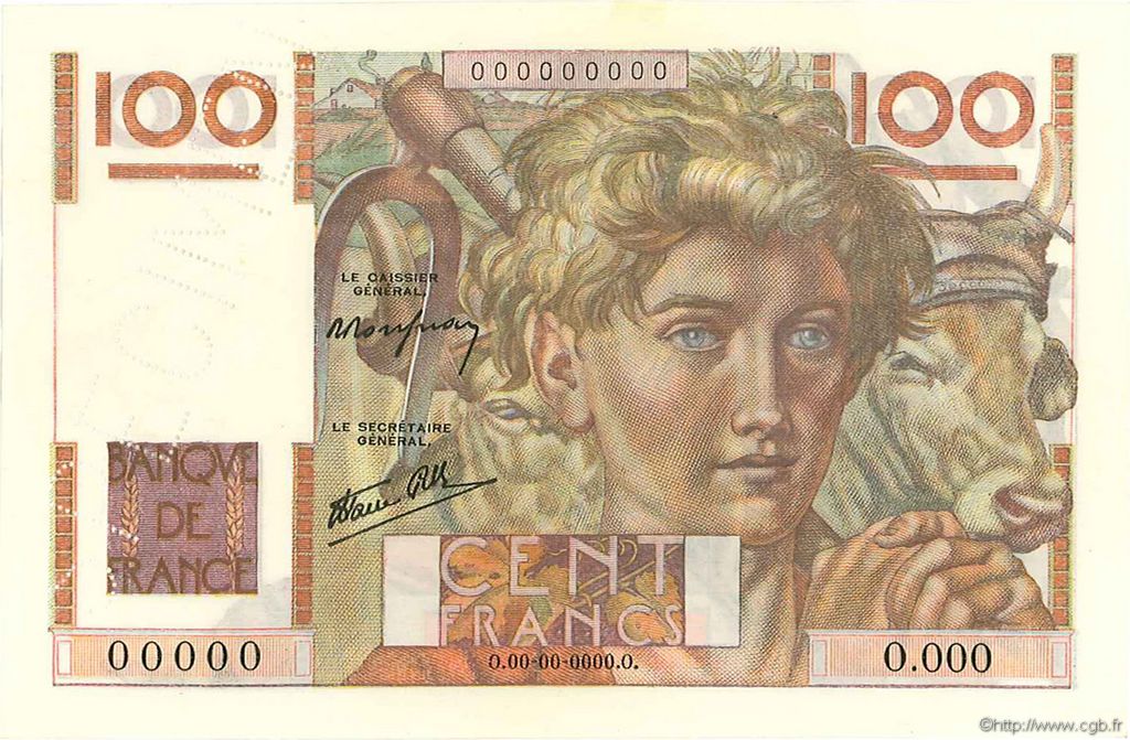 100 Francs JEUNE PAYSAN FRANCE  1945 F.28.01Sp UNC