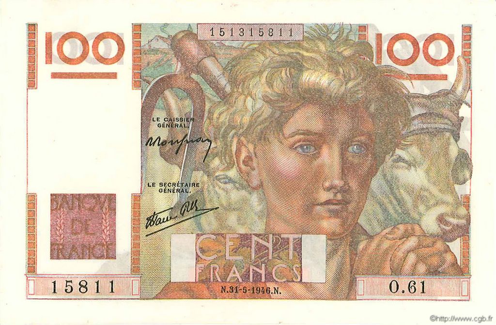 100 Francs JEUNE PAYSAN FRANCE  1946 F.28.05 AU-