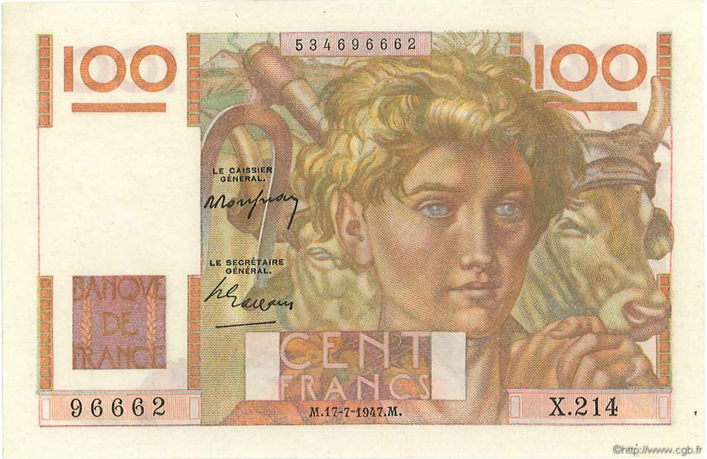100 Francs JEUNE PAYSAN FRANCIA  1947 F.28.15 AU+