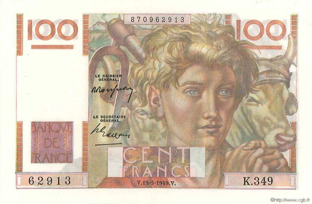 100 Francs JEUNE PAYSAN FRANCE  1949 F.28.24 AU-