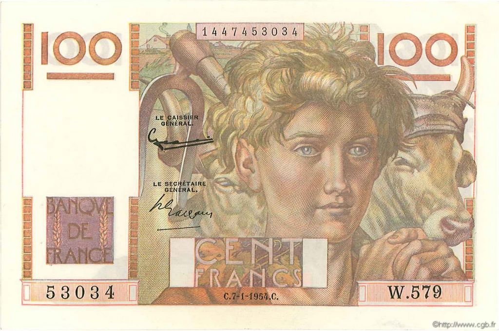 100 Francs JEUNE PAYSAN FRANKREICH  1954 F.28.41 VZ+
