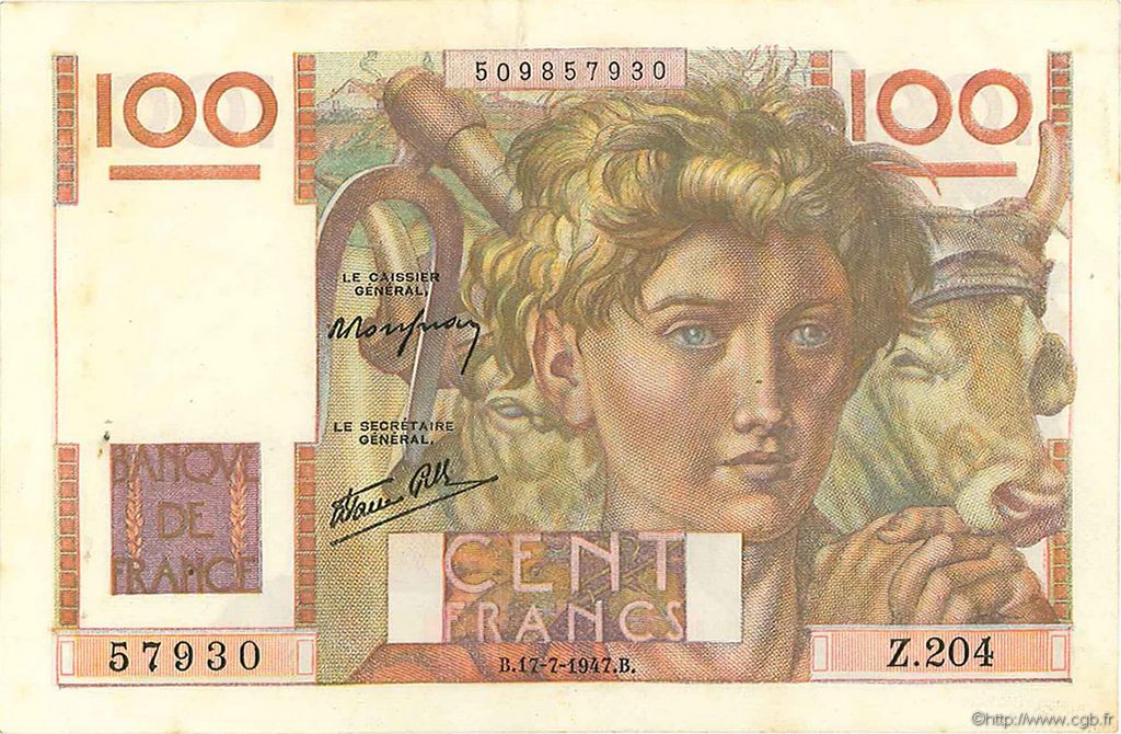 100 Francs JEUNE PAYSAN Favre-Gilly FRANKREICH  1947 F.28ter.02 VZ+