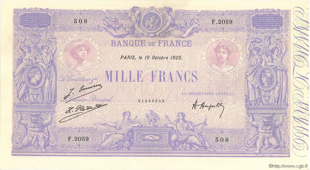 1000 Francs BLEU ET ROSE FRANCE  1925 F.36.41 XF