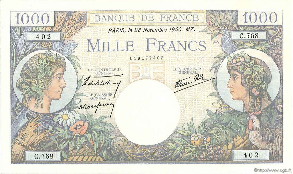 1000 Francs COMMERCE ET INDUSTRIE FRANKREICH  1940 F.39.02 VZ+