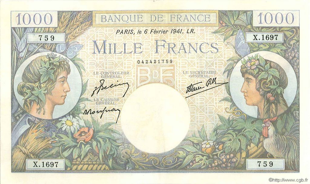 1000 Francs COMMERCE ET INDUSTRIE FRANCIA  1941 F.39.04 MBC+