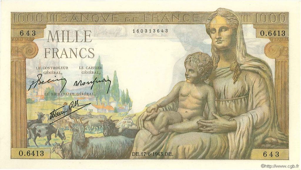 1000 Francs DÉESSE DÉMÉTER FRANCIA  1943 F.40.27 q.FDC