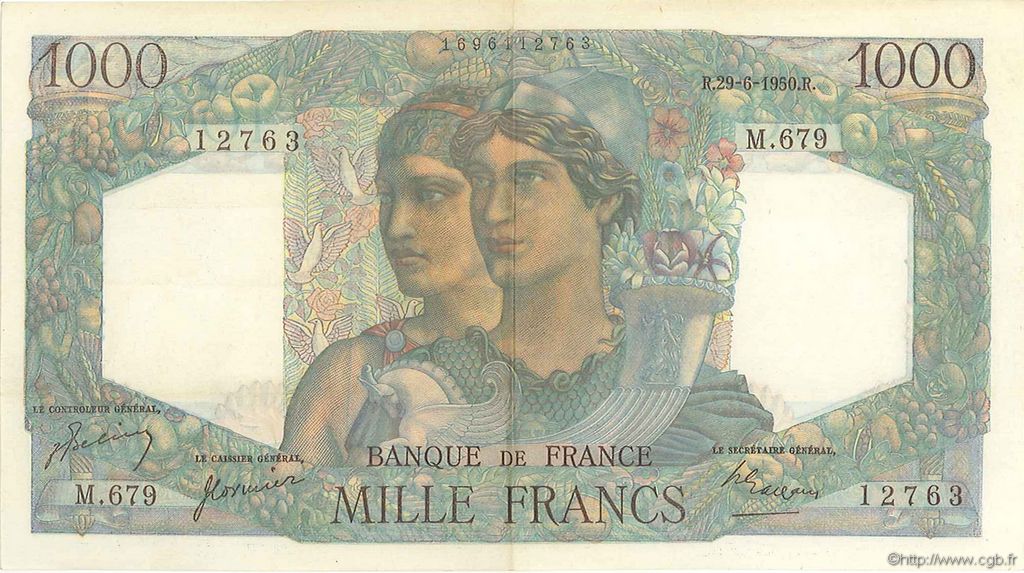 1000 Francs MINERVE ET HERCULE FRANCE  1950 F.41.33 XF-