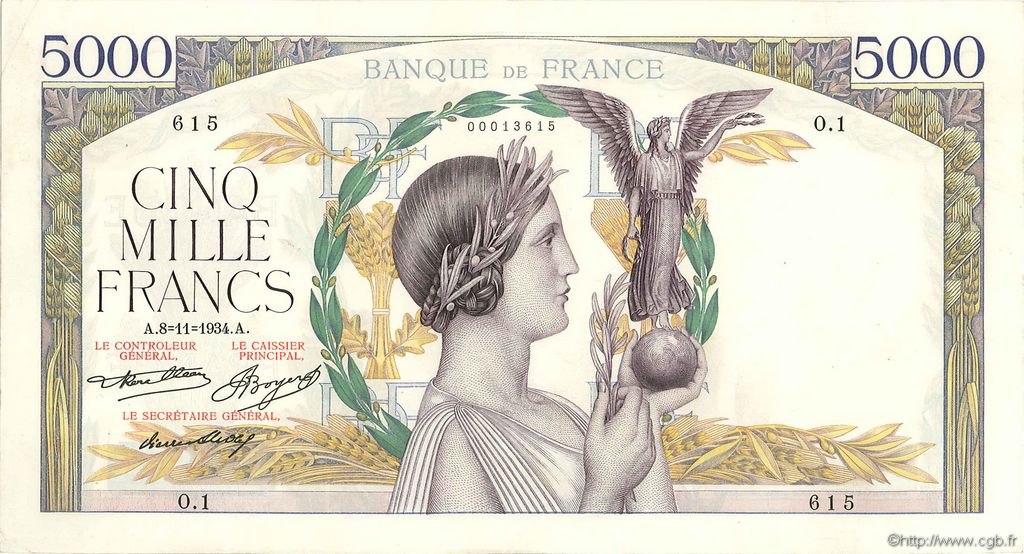 5000 Francs VICTOIRE FRANCIA  1934 F.44.01 MBC+