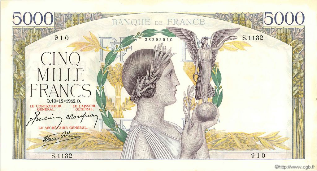 5000 Francs VICTOIRE Impression à plat FRANCIA  1942 F.46.45 q.AU