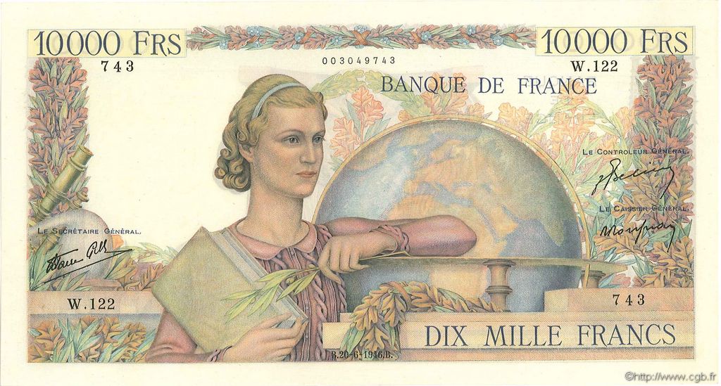 10000 Francs GÉNIE FRANÇAIS FRANKREICH  1946 F.50.06 VZ to fST