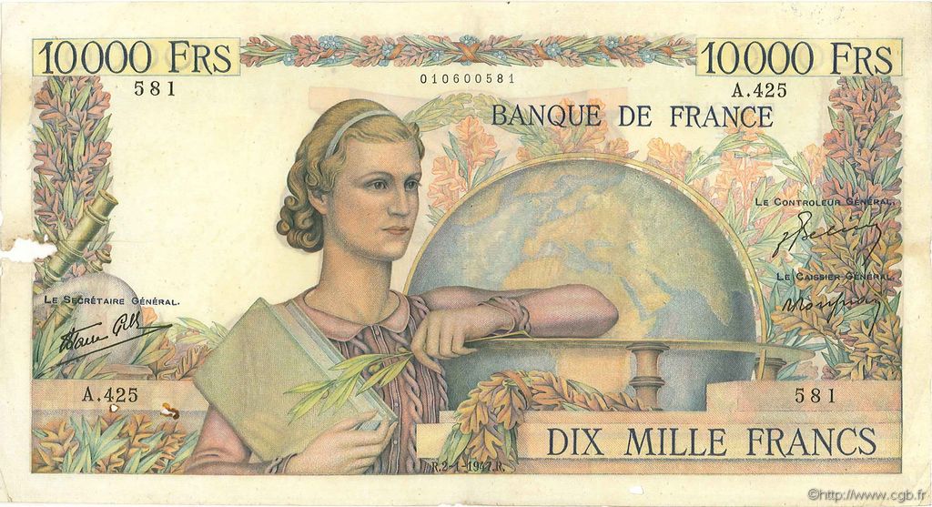10000 Francs GÉNIE FRANÇAIS FRANCE  1947 F.50.18 VF-