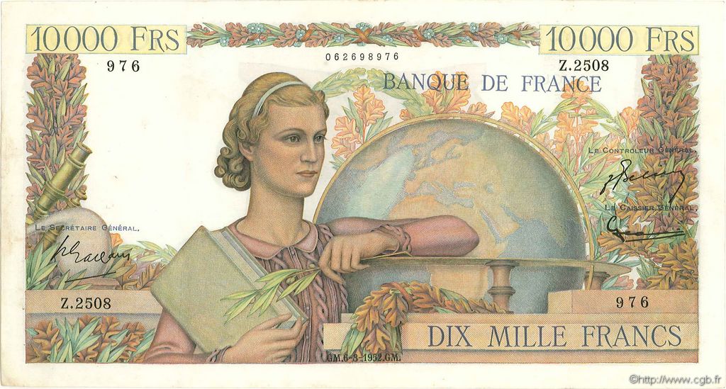 10000 Francs GÉNIE FRANÇAIS FRANCIA  1952 F.50.57 BB to SPL