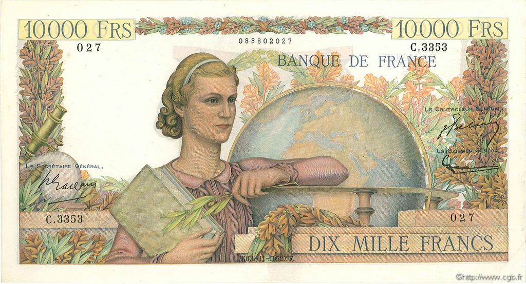 10000 Francs GÉNIE FRANÇAIS FRANCE  1952 F.50.61 XF-