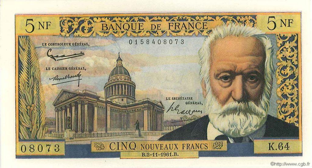 5 Nouveaux Francs VICTOR HUGO FRANCIA  1961 F.56.09 EBC+