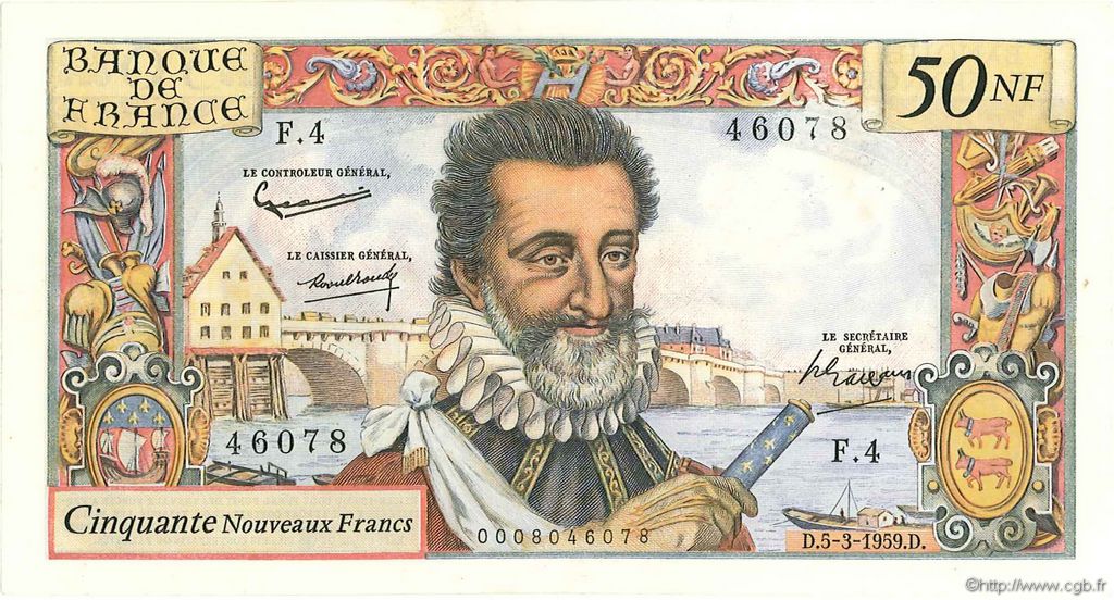 50 Nouveaux Francs HENRI IV FRANCE  1959 F.58.01 VF+