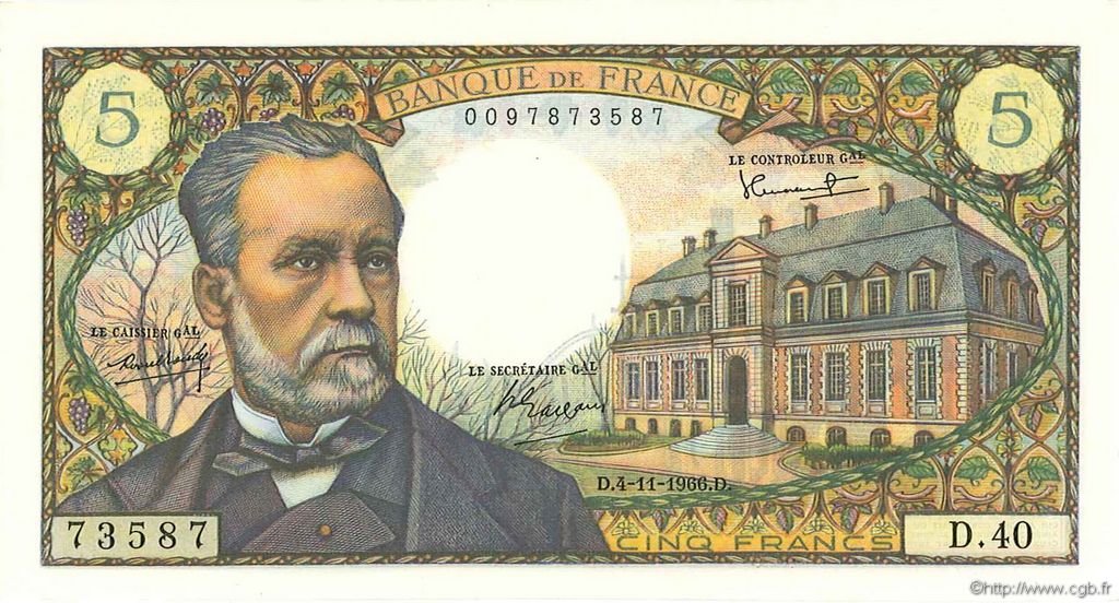 5 Francs PASTEUR FRANCIA  1966 F.61.04 EBC