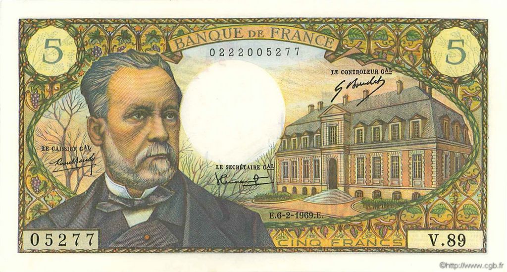 5 Francs PASTEUR FRANCIA  1969 F.61.09 AU