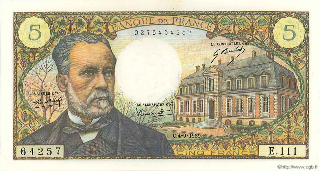 5 Francs PASTEUR FRANCIA  1969 F.61.11 SC