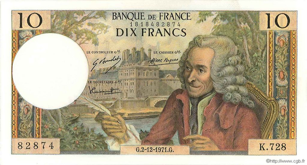10 Francs VOLTAIRE FRANCE  1971 F.62.53 XF - AU