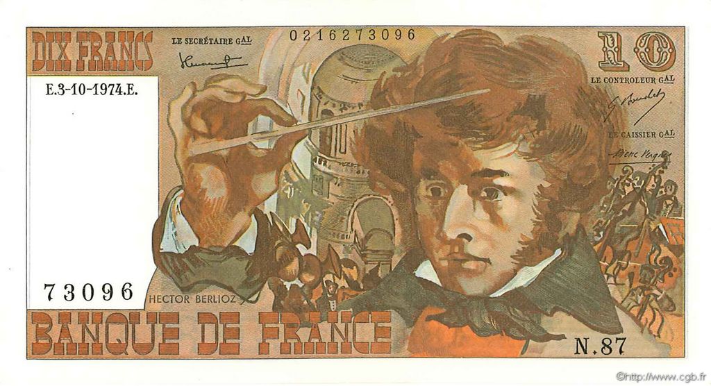 10 Francs BERLIOZ FRANCE  1974 F.63.07a AU