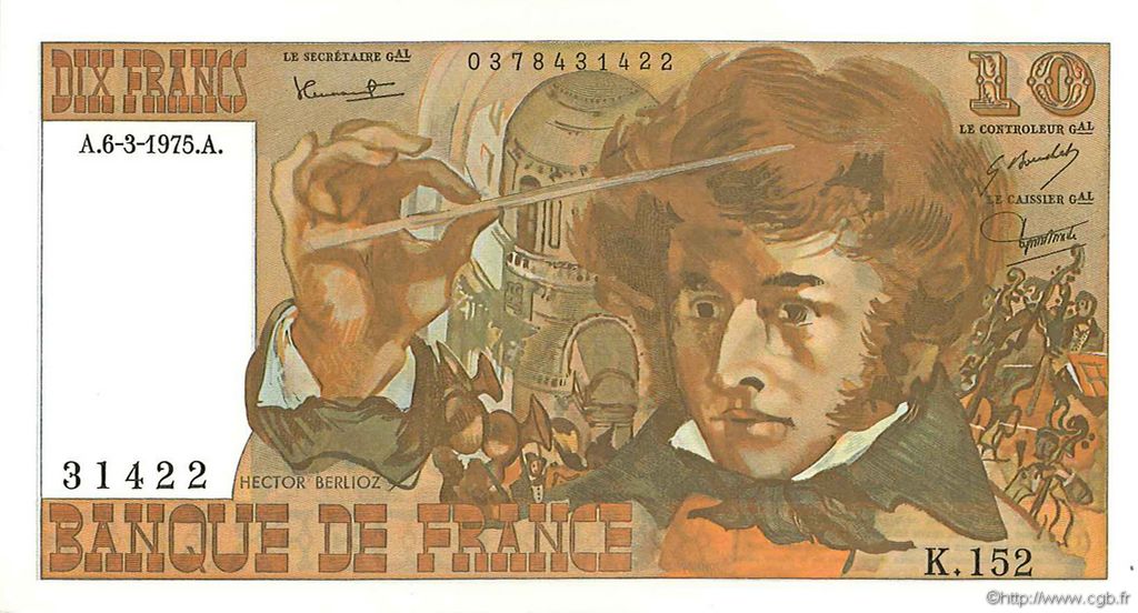 10 Francs BERLIOZ FRANCE  1975 F.63.09 AU-