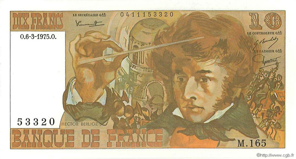 10 Francs BERLIOZ FRANCE  1975 F.63.09 AU+