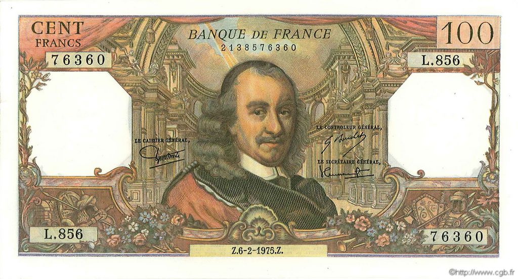 100 Francs CORNEILLE FRANCIA  1975 F.65.48 EBC a SC