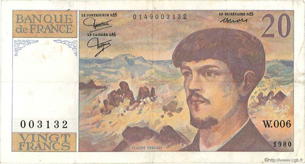 20 Francs DEBUSSY FRANCIA  1980 F.66.01W6 MBC
