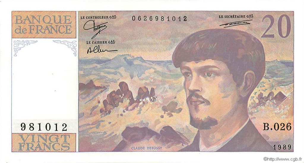 20 Francs DEBUSSY FRANCIA  1989 F.66.10B26 EBC
