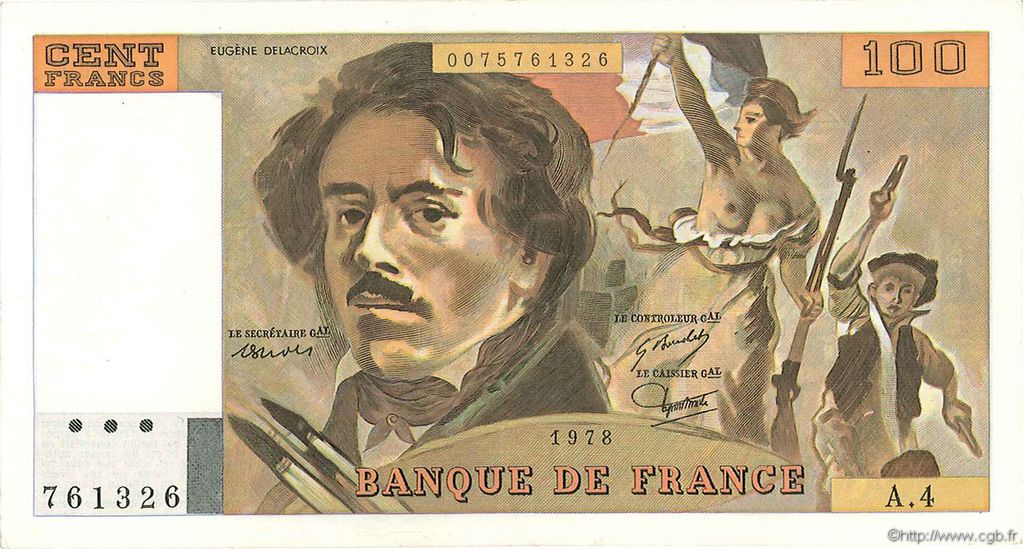 100 Francs DELACROIX modifié FRANCE  1978 F.69.01c TTB+