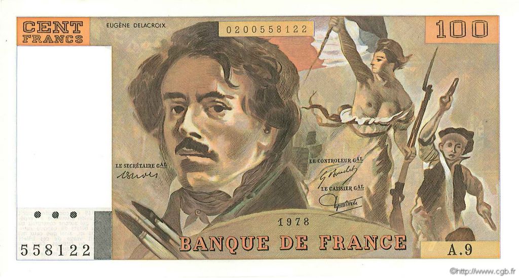 100 Francs DELACROIX modifié FRANCIA  1978 F.69.01g q.FDC