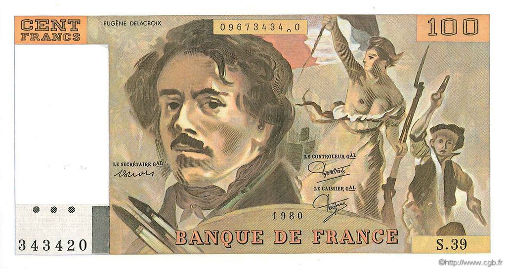 100 Francs DELACROIX modifié FRANCIA  1980 F.69.04a AU+