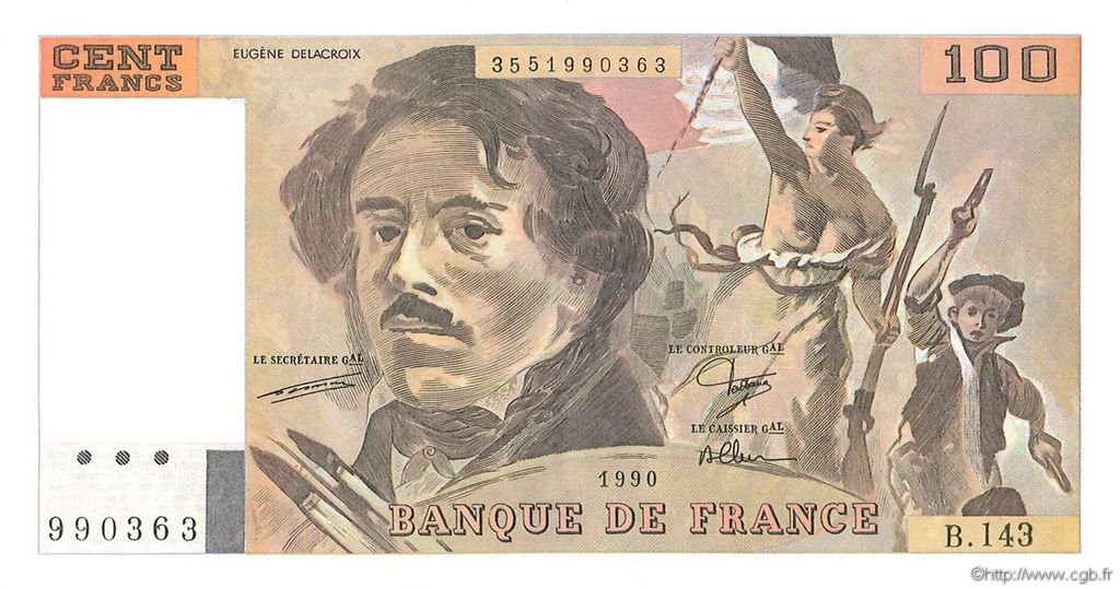 100 Francs DELACROIX imprimé en continu FRANCIA  1990 F.69bis.01bB FDC