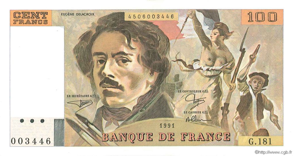 100 Francs DELACROIX imprimé en continu FRANCE  1991 F.69bis.03b1 AU+