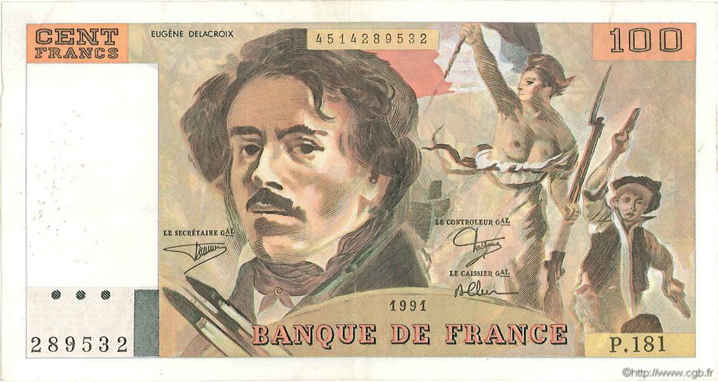 100 Francs DELACROIX imprimé en continu FRANCE  1991 F.69bis.03b1 VF