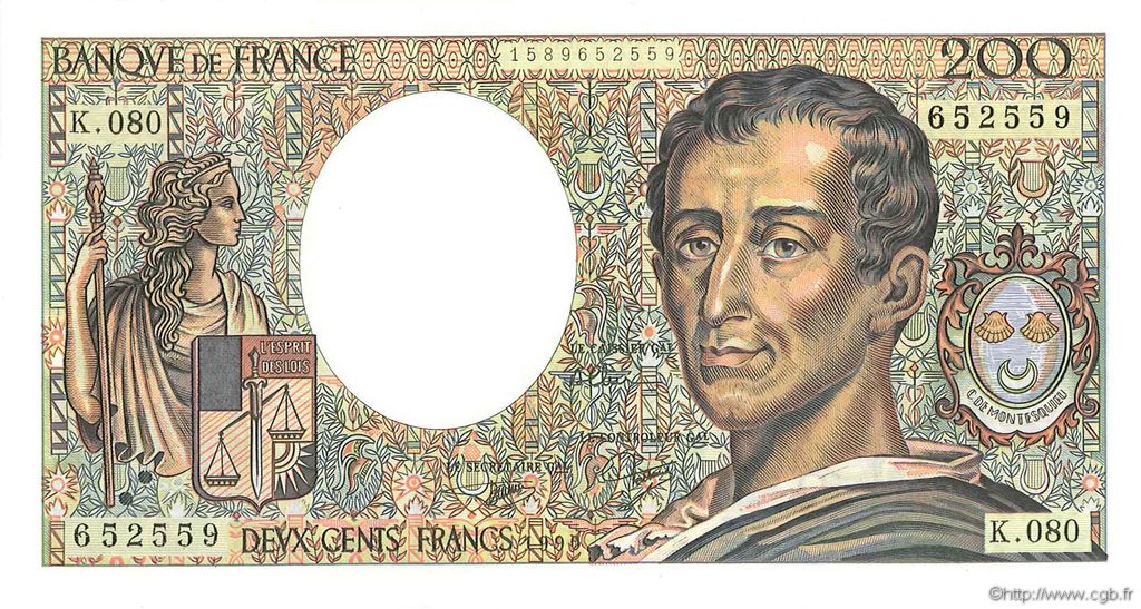 200 Francs MONTESQUIEU FRANCE  1990 F.70.10a pr.NEUF