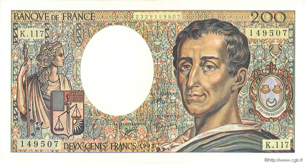 200 Francs MONTESQUIEU FRANCE  1992 F.70.12b XF+
