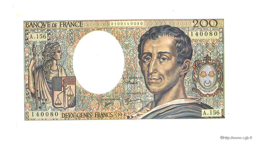 200 Francs MONTESQUIEU Modifié FRANCIA  1994 F.70/2.01 q.FDC