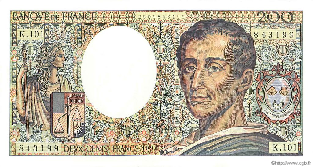 200 Francs MONTESQUIEU alphabet 101 FRANCE  1992 F.70bis.01 UNC-