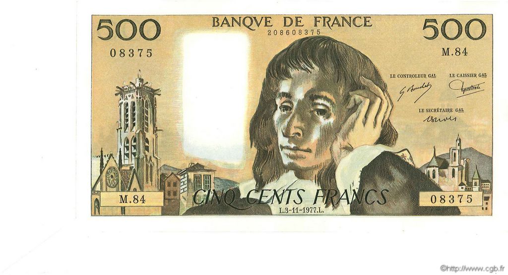 500 Francs PASCAL FRANCE  1977 F.71.17 XF