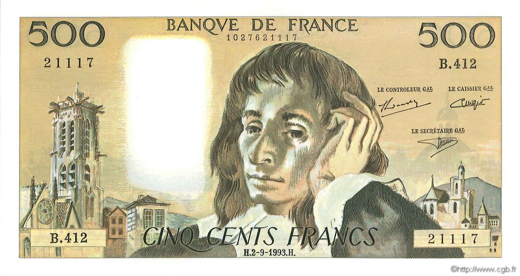 500 Francs PASCAL FRANCIA  1993 F.71.52-412 SC+
