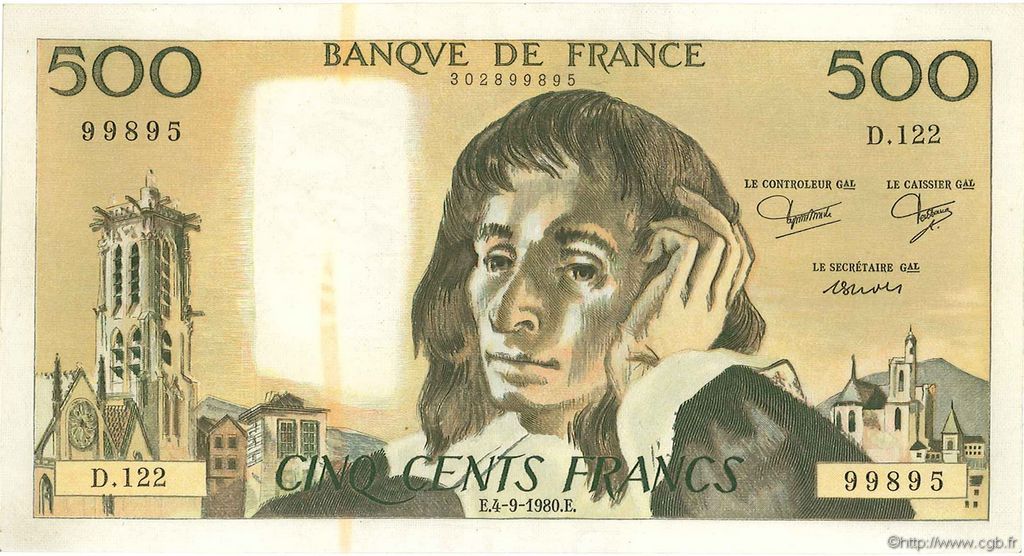 500 Francs PASCAL FRANKREICH  1980 F.71U.22 VZ+